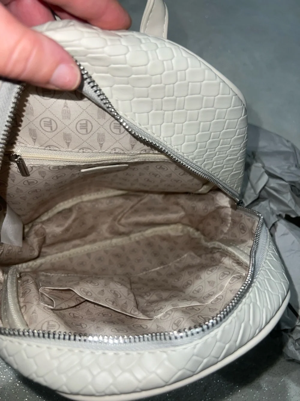 London Fog Stone colored Textured Backpack purse with Silver Logo NWT